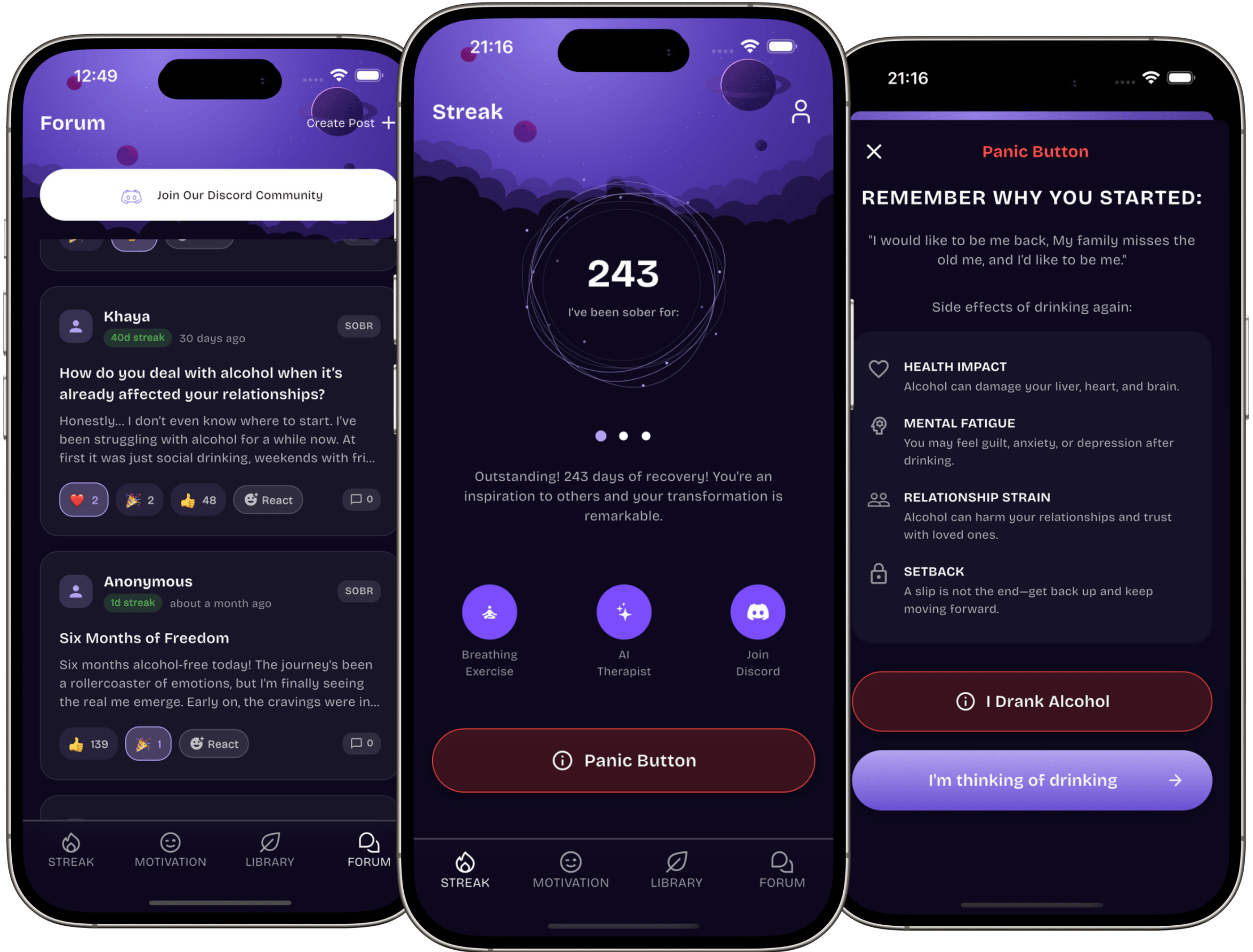 SOBR App Screenshots - Recovery tracking, analytics, and community features